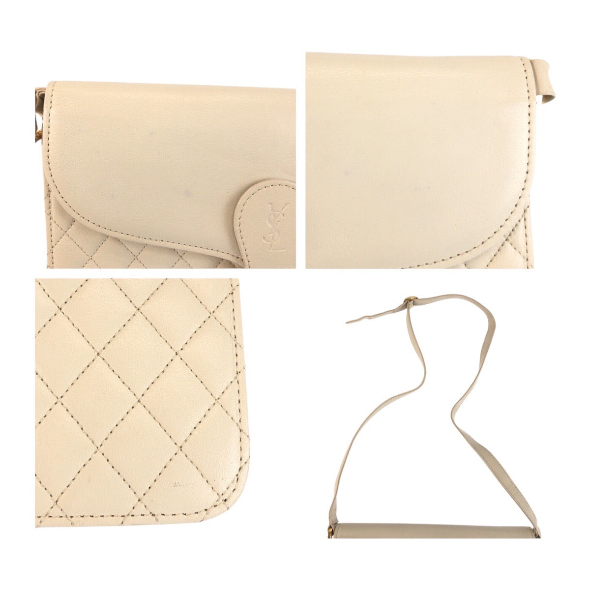 25278
YVES SAINT LAURENT イヴ サンローラン YSL キルティング ホワイト ゴールド金具 レザー ショルダーバッグ レディース ABP35