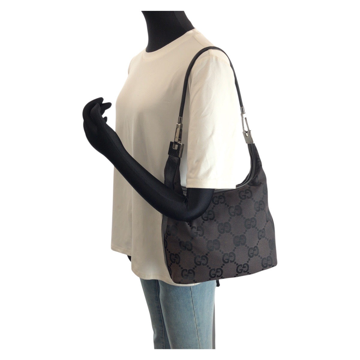 25282
GUCCI グッチ ホーボー ビッグGG ブラック 黒 シルバー金具 GGキャンバス / レザー 001 3814 ショルダーバッグ レディース AB28