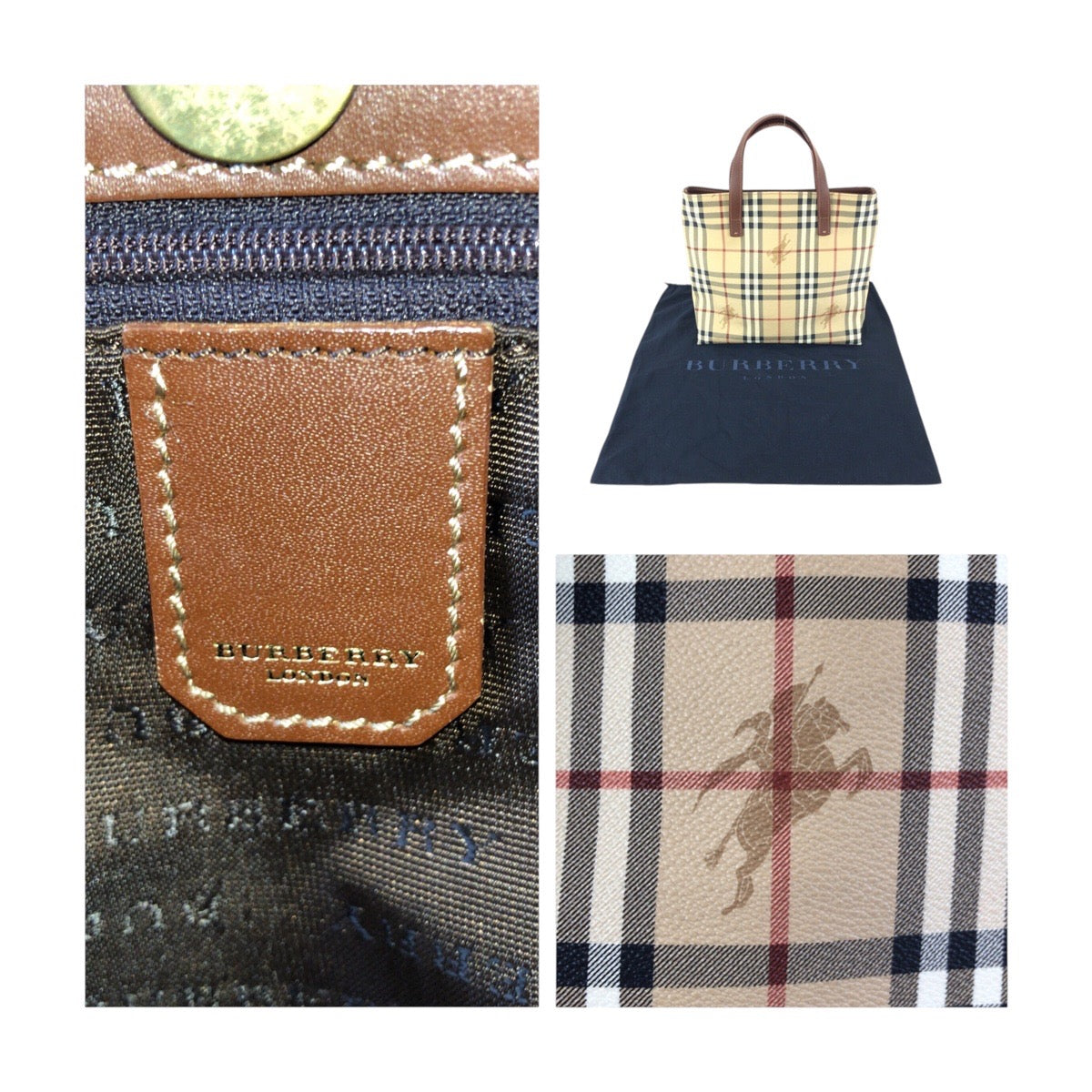 25283
BURBERRY バーバリー ノバチェック シャドーホース ベージュ ブラウン ゴールド金具 PVC トートバッグ ハンドバッグ レディース A42