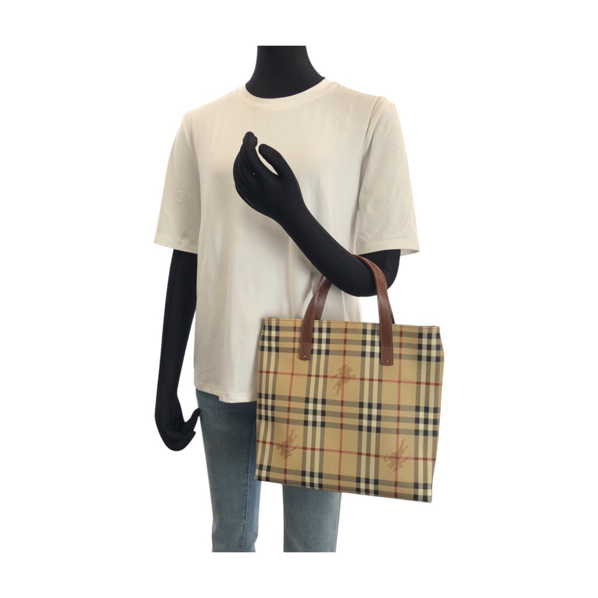 25283
BURBERRY バーバリー ノバチェック シャドーホース ベージュ ブラウン ゴールド金具 PVC トートバッグ ハンドバッグ レディース A42
