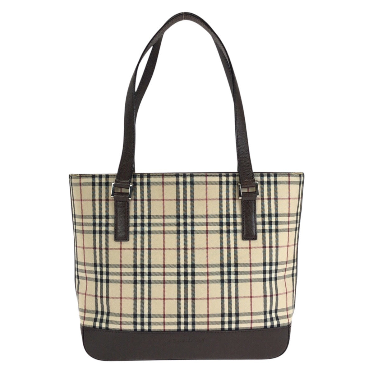 25305
BURBERRY バーバリー チェック柄 ベージュ ダークブラウン キャンバス / レザー トートバッグ ショルダーバッグ レディース ABP28