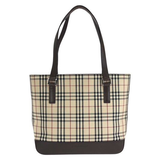 25305
BURBERRY バーバリー チェック柄 ベージュ ダークブラウン キャンバス / レザー トートバッグ ショルダーバッグ レディース ABP28