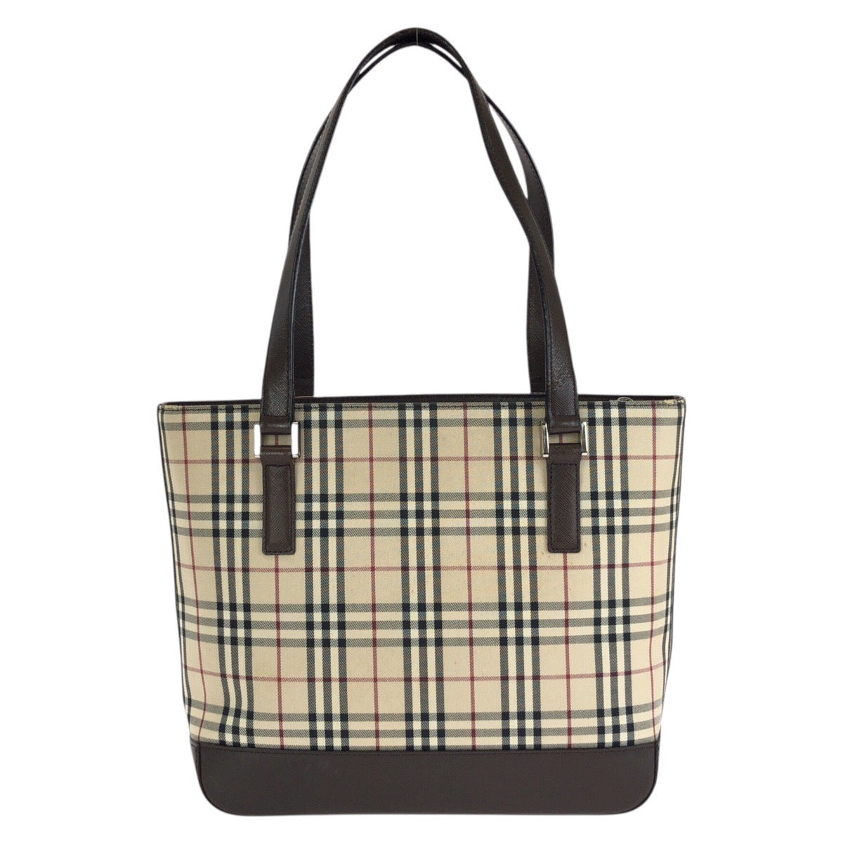 25305
BURBERRY バーバリー チェック柄 ベージュ ダークブラウン キャンバス / レザー トートバッグ ショルダーバッグ レディース ABP28