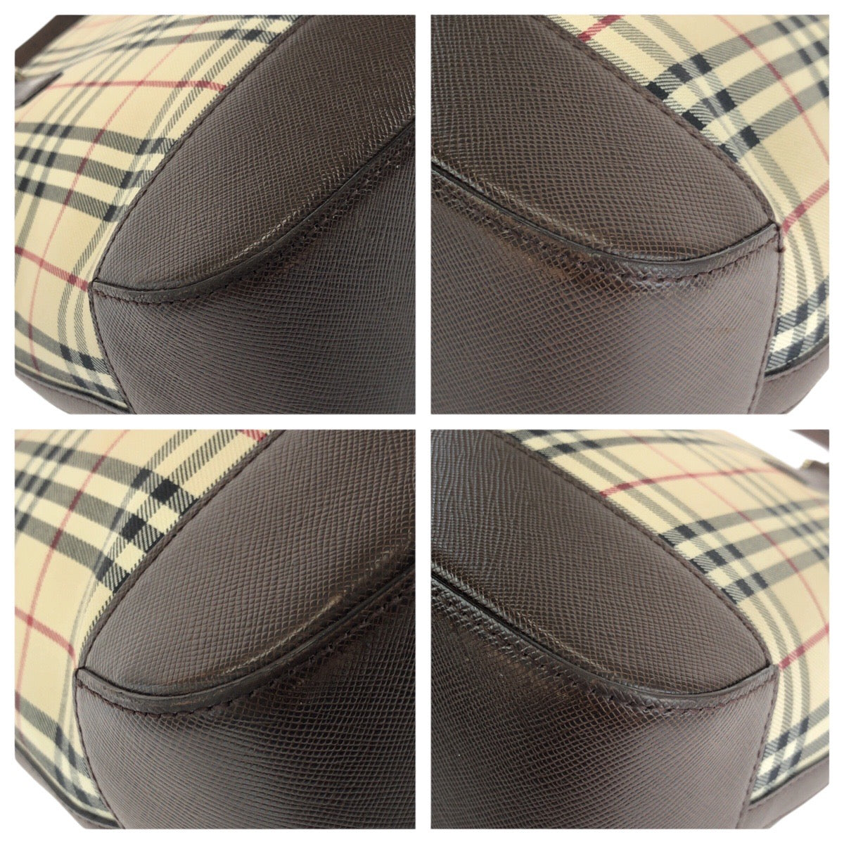 25305
BURBERRY バーバリー チェック柄 ベージュ ダークブラウン キャンバス / レザー トートバッグ ショルダーバッグ レディース ABP28