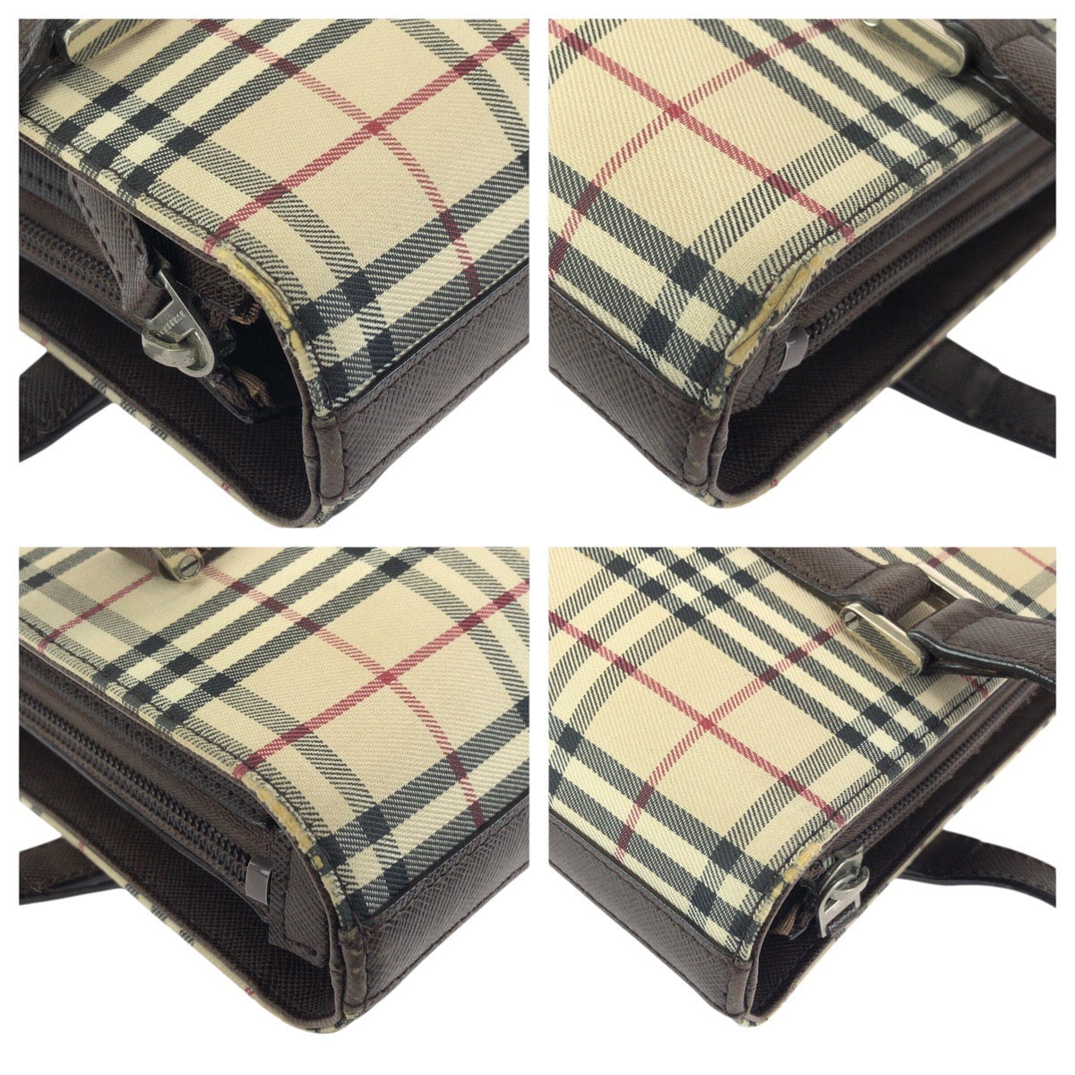 25305
BURBERRY バーバリー チェック柄 ベージュ ダークブラウン キャンバス / レザー トートバッグ ショルダーバッグ レディース ABP28