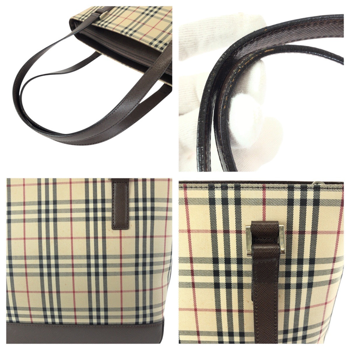 25305
BURBERRY バーバリー チェック柄 ベージュ ダークブラウン キャンバス / レザー トートバッグ ショルダーバッグ レディース ABP28