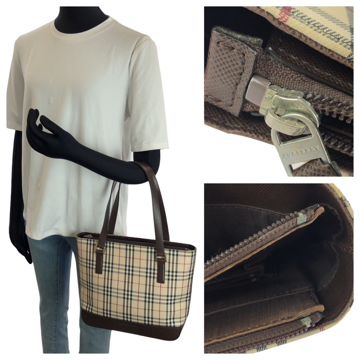 25305
BURBERRY バーバリー チェック柄 ベージュ ダークブラウン キャンバス / レザー トートバッグ ショルダーバッグ レディース ABP28