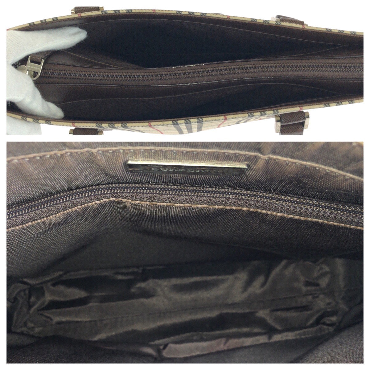 25305
BURBERRY バーバリー チェック柄 ベージュ ダークブラウン キャンバス / レザー トートバッグ ショルダーバッグ レディース ABP28