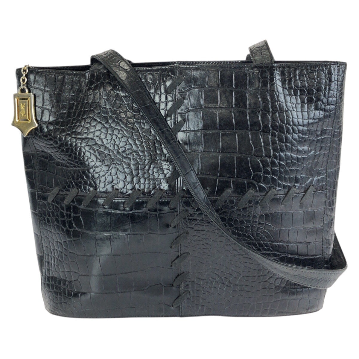 25312
YVES SAINT LAURENT イヴ サンローラン ヴィンテージ YSL 型押し ブラック 黒 ゴールド金具 レザー トートバッグ ショルダーバッグ レディース AB28