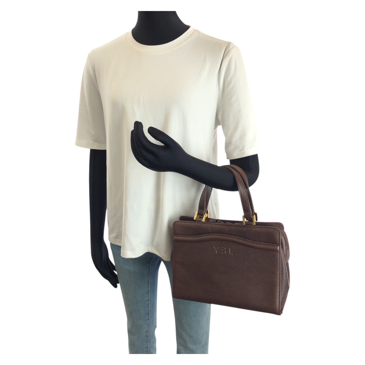 25313
YVES SAINT LAURENT イヴ サンローラン ヴィンテージ YSL ブラウン ゴールド金具 レザー ハンドバッグ レディース A42
