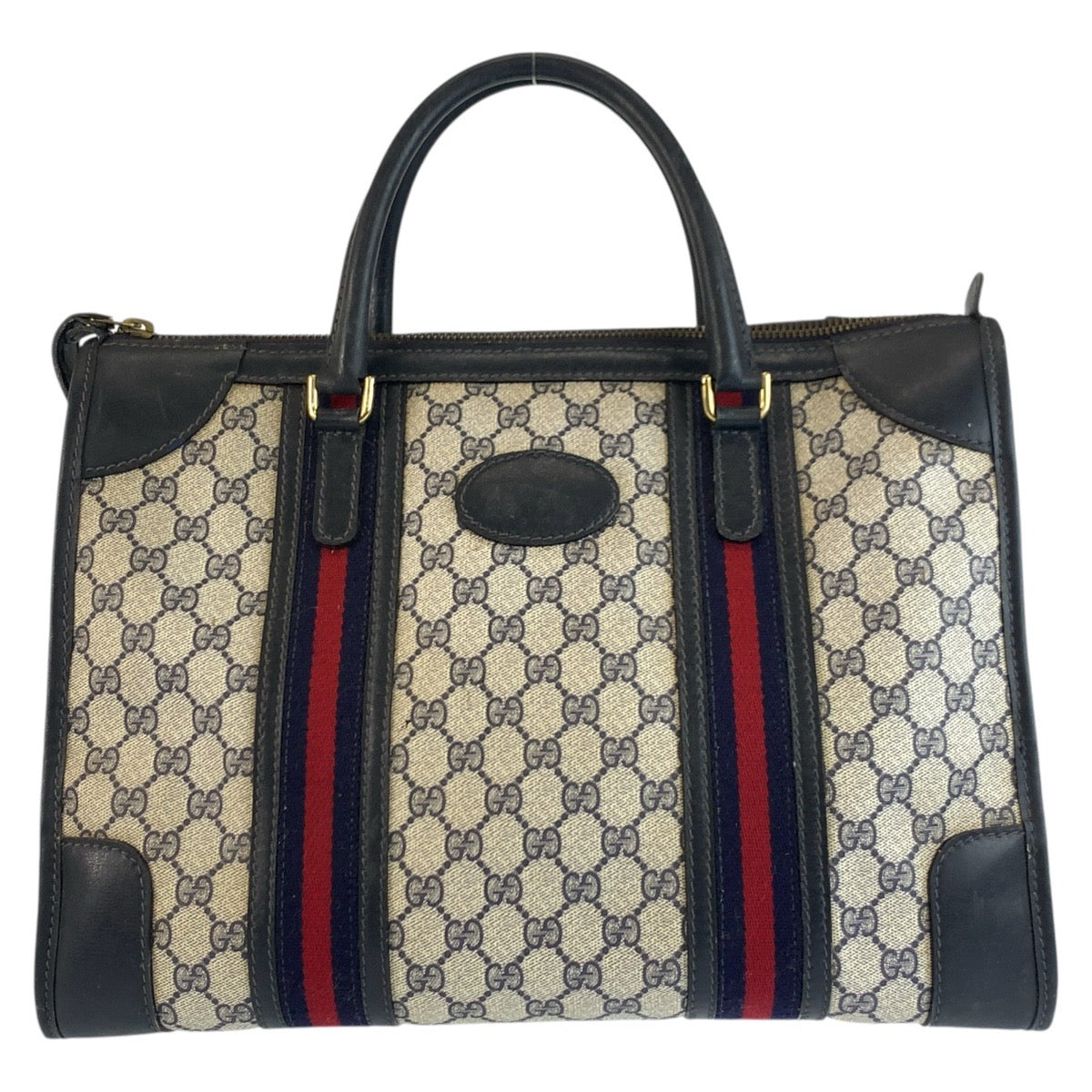 25325
GUCCI グッチ ヴィンテージ シェリーライン ネイビー グレー ゴールド金具 GGスプリームキャンバス / レザー ハンドバッグ ボストンバッグ レディース AB35