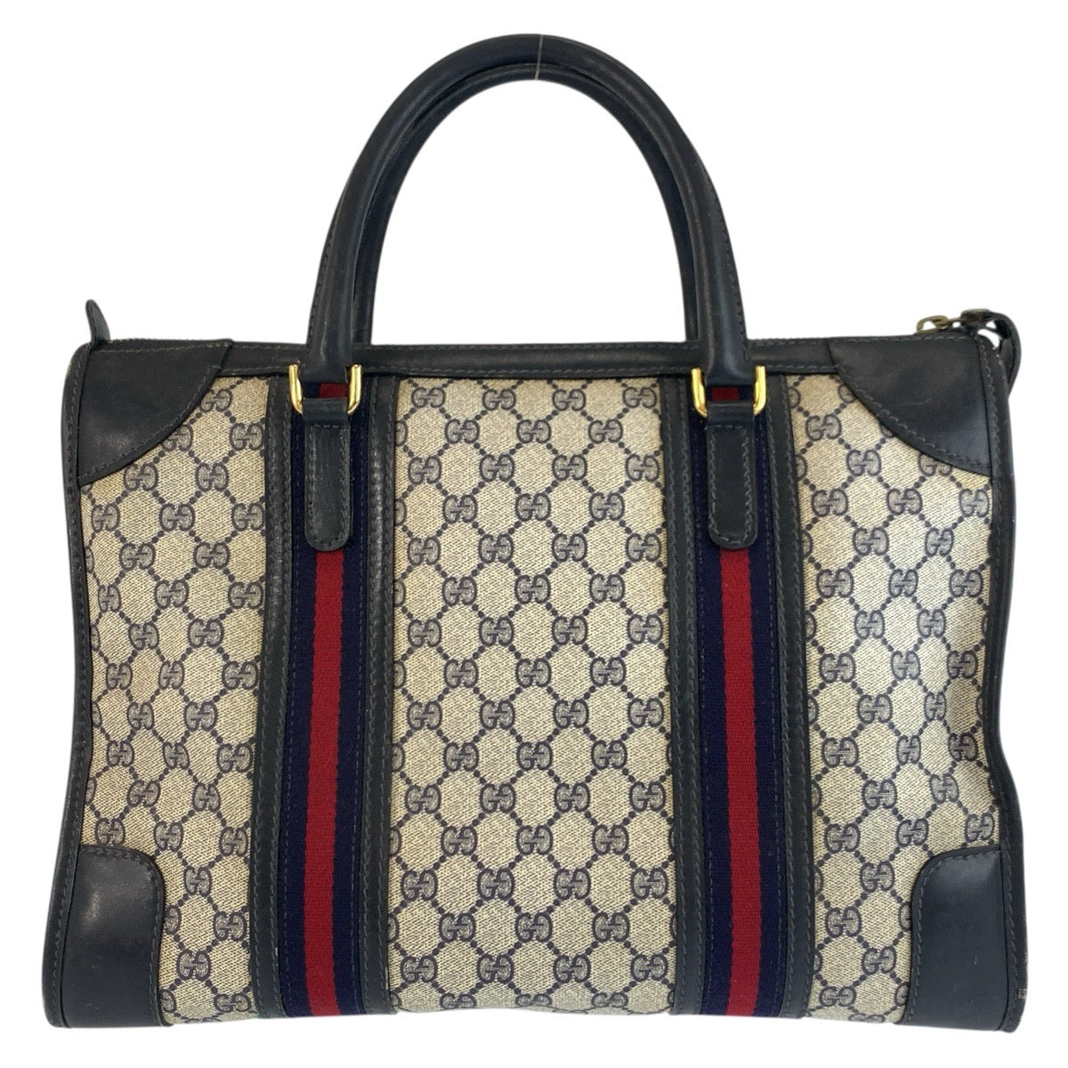 25325
GUCCI グッチ ヴィンテージ シェリーライン ネイビー グレー ゴールド金具 GGスプリームキャンバス / レザー ハンドバッグ ボストンバッグ レディース AB35