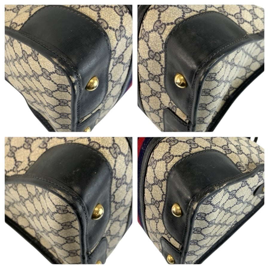 25325
GUCCI グッチ ヴィンテージ シェリーライン ネイビー グレー ゴールド金具 GGスプリームキャンバス / レザー ハンドバッグ ボストンバッグ レディース AB35