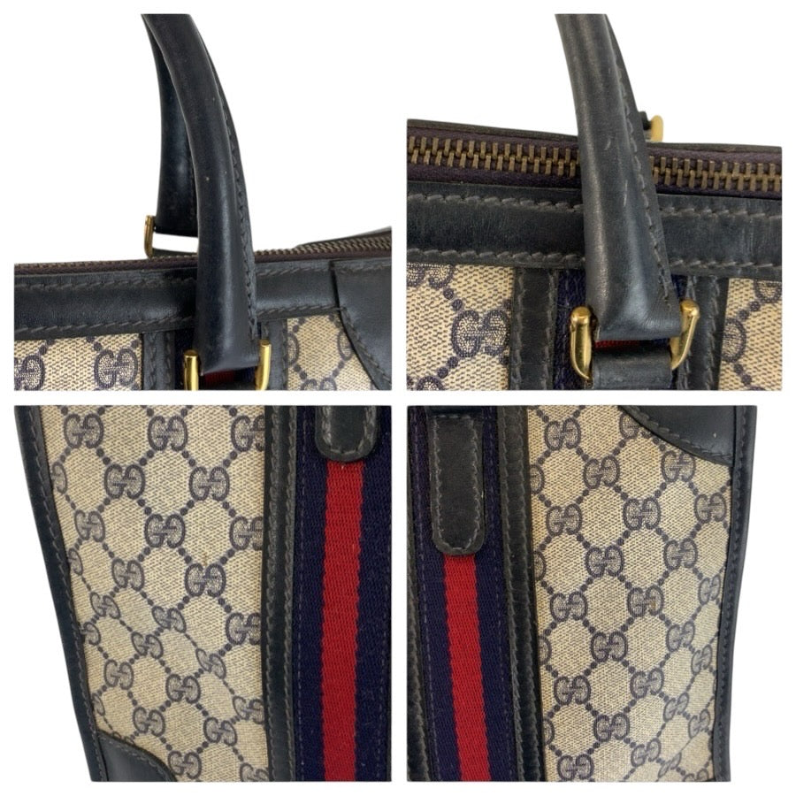 25325
GUCCI グッチ ヴィンテージ シェリーライン ネイビー グレー ゴールド金具 GGスプリームキャンバス / レザー ハンドバッグ ボストンバッグ レディース AB35