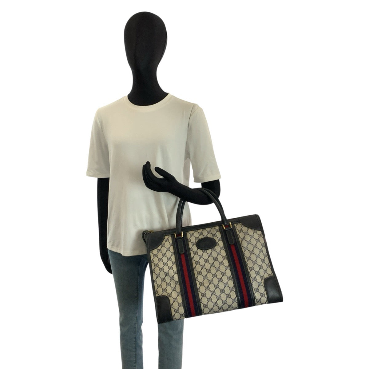25325
GUCCI グッチ ヴィンテージ シェリーライン ネイビー グレー ゴールド金具 GGスプリームキャンバス / レザー ハンドバッグ ボストンバッグ レディース AB35