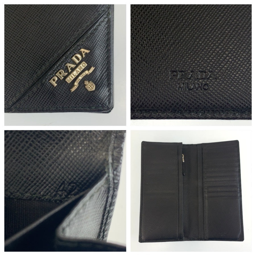 25349
PRADA プラダ サフィアーノ ブラック 黒 シルバー金具 レザー 長財布 ロングウォレット メンズ AB16