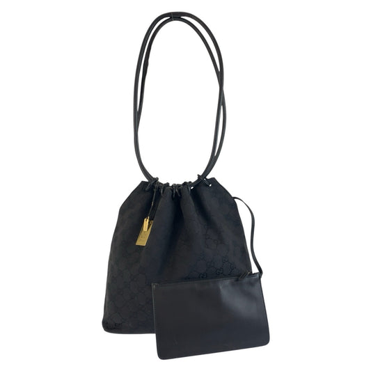 25352
GUCCI グッチ ブラック 黒 ゴールド金具 GGキャンバス / レザー 90644 巾着ショルダーバッグ レディース ABP36