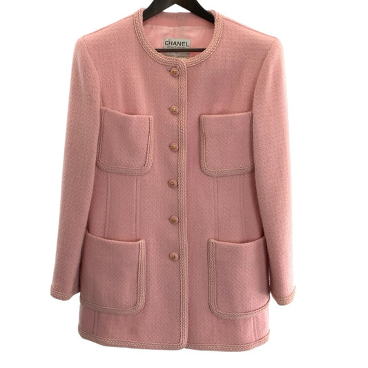 25361
CHANEL シャネル ヴィンテージ ツイード ココマーク サイズ44 ピンク ゴールド金具 ウール / シルク P01242 スーツ セットアップ ジャケット スカート レディース AB210