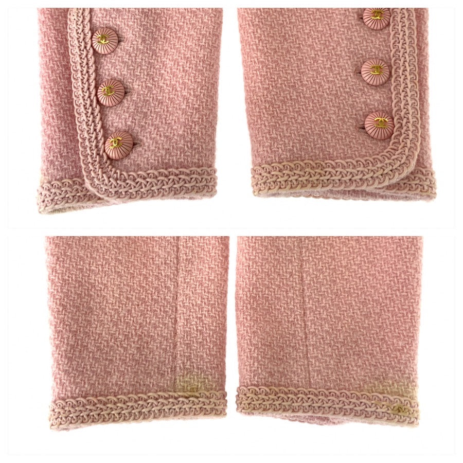 25361
CHANEL シャネル ヴィンテージ ツイード ココマーク サイズ44 ピンク ゴールド金具 ウール / シルク P01242 スーツ セットアップ ジャケット スカート レディース AB210