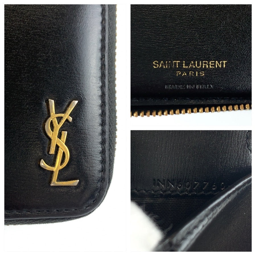 25397
SAINT LAURENT PARIS サンローランパリ YSL タイニー ブラック ゴールド金具 レザー 折り財布 レディース ABP23