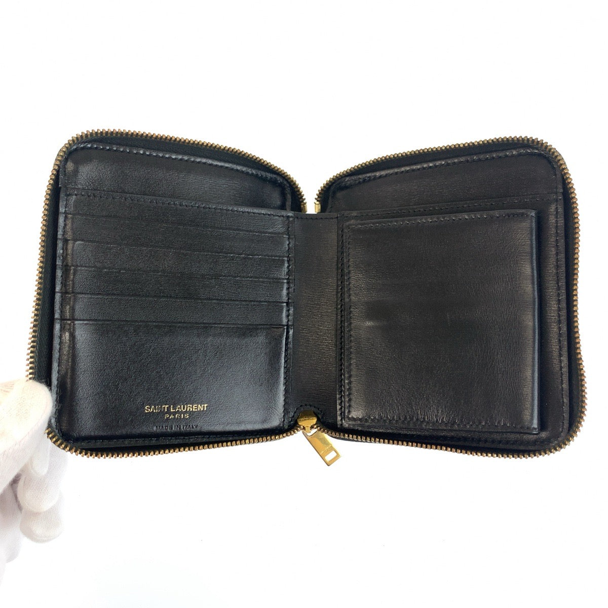 25397
SAINT LAURENT PARIS サンローランパリ YSL タイニー ブラック ゴールド金具 レザー 折り財布 レディース ABP23