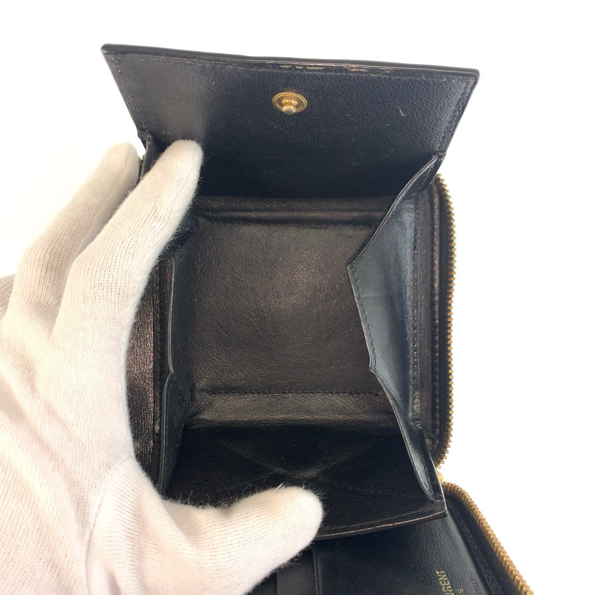 25397
SAINT LAURENT PARIS サンローランパリ YSL タイニー ブラック ゴールド金具 レザー 折り財布 レディース ABP23