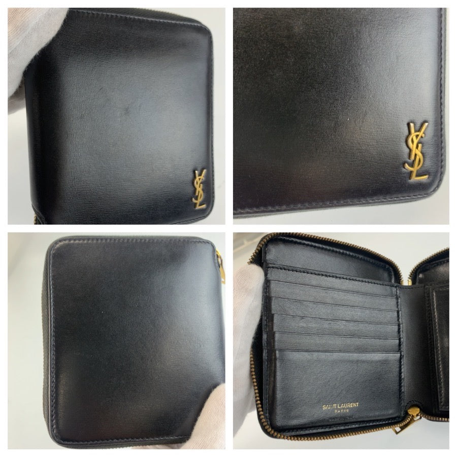 25397
SAINT LAURENT PARIS サンローランパリ YSL タイニー ブラック ゴールド金具 レザー 折り財布 レディース ABP23