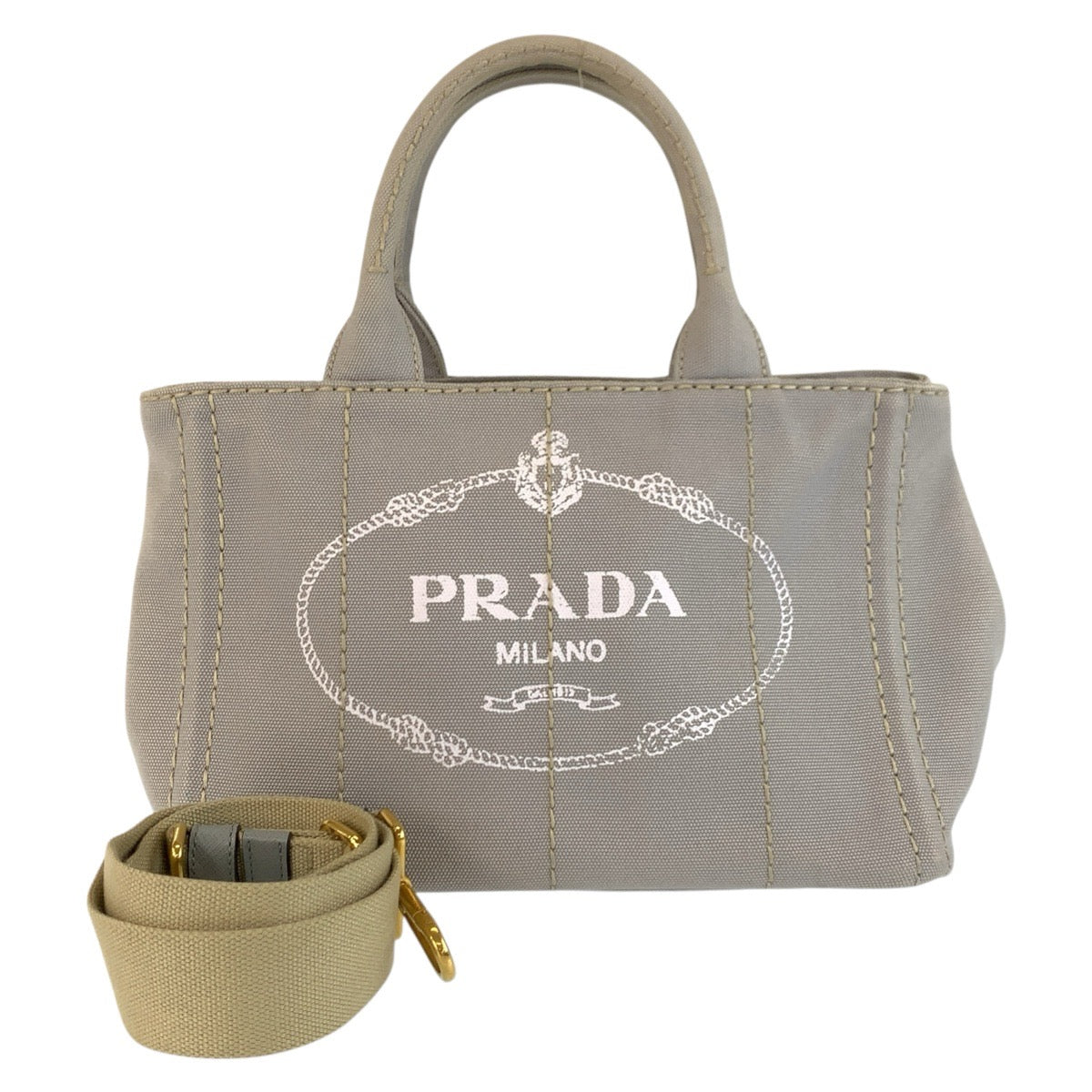 25421
PRADA プラダ カナパ 三角ロゴプレート グレー ゴールド金具 キャンバス トートバッグ ショルダーバッグ 2way レディース ABP58
