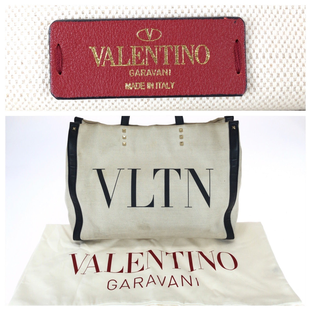 25440
VALENTINO ヴァレンティノ ヴァレンティノ ガラヴァーニ ロックスタッズ VLTN オフホワイト ブラック ゴールド金具 キャンバス / レザー トートバッグ レディース AB23