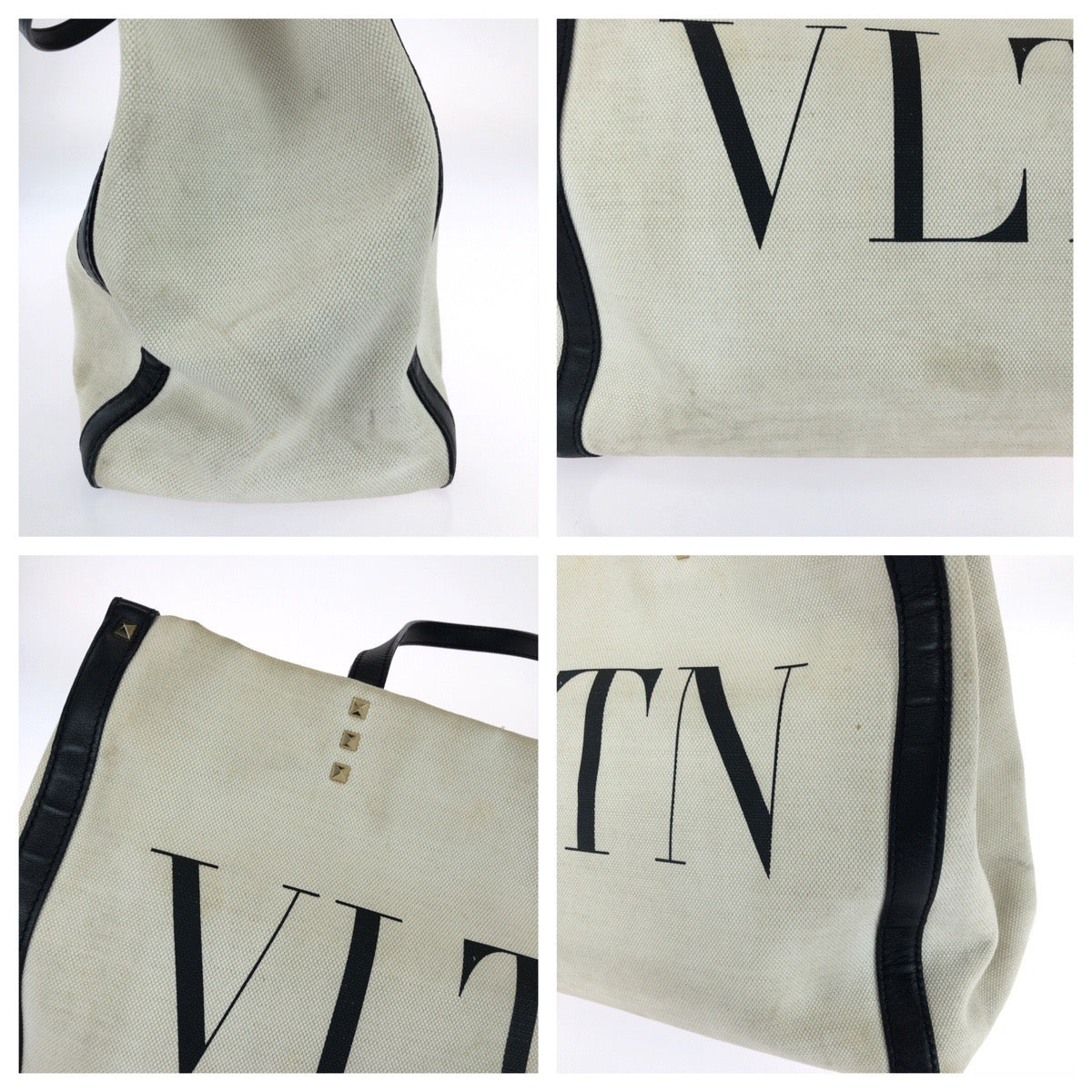 25440
VALENTINO ヴァレンティノ ヴァレンティノ ガラヴァーニ ロックスタッズ VLTN オフホワイト ブラック ゴールド金具 キャンバス / レザー トートバッグ レディース AB23