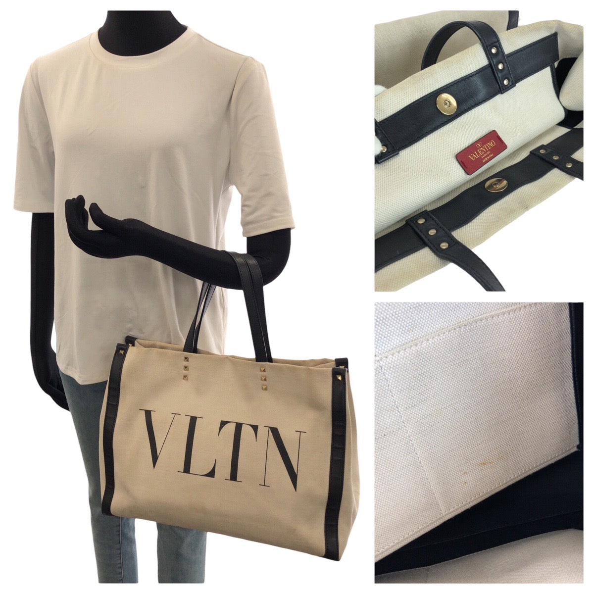 25440
VALENTINO ヴァレンティノ ヴァレンティノ ガラヴァーニ ロックスタッズ VLTN オフホワイト ブラック ゴールド金具 キャンバス / レザー トートバッグ レディース AB23
