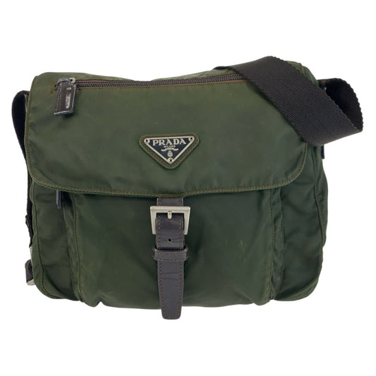 25469
PRADA プラダ テスート 三角ロゴプレート カーキ シルバー金具 ナイロン ショルダーバッグ ポシェット レディース AB16