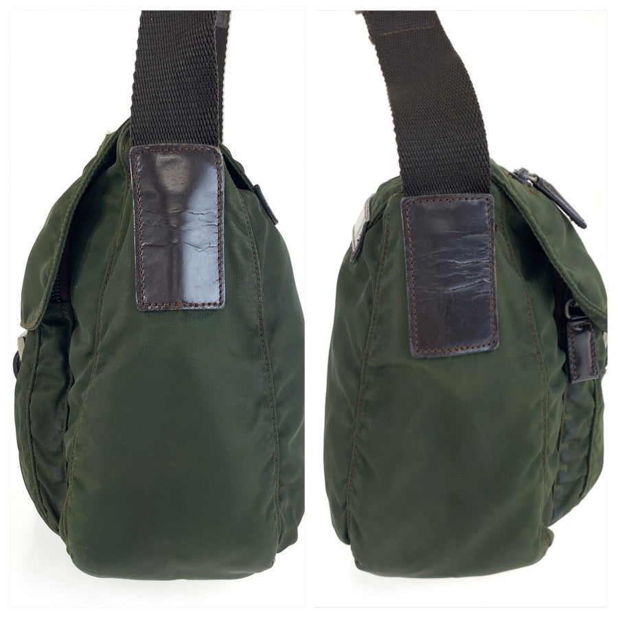 25469
PRADA プラダ テスート 三角ロゴプレート カーキ シルバー金具 ナイロン ショルダーバッグ ポシェット レディース AB16