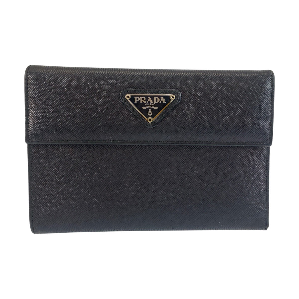 25516
PRADA プラダ 三角ロゴプレート サフィアーノ ブラック 黒 シルバー金具 レザー 折り財布 コンパクトウォレット レディース ABP16