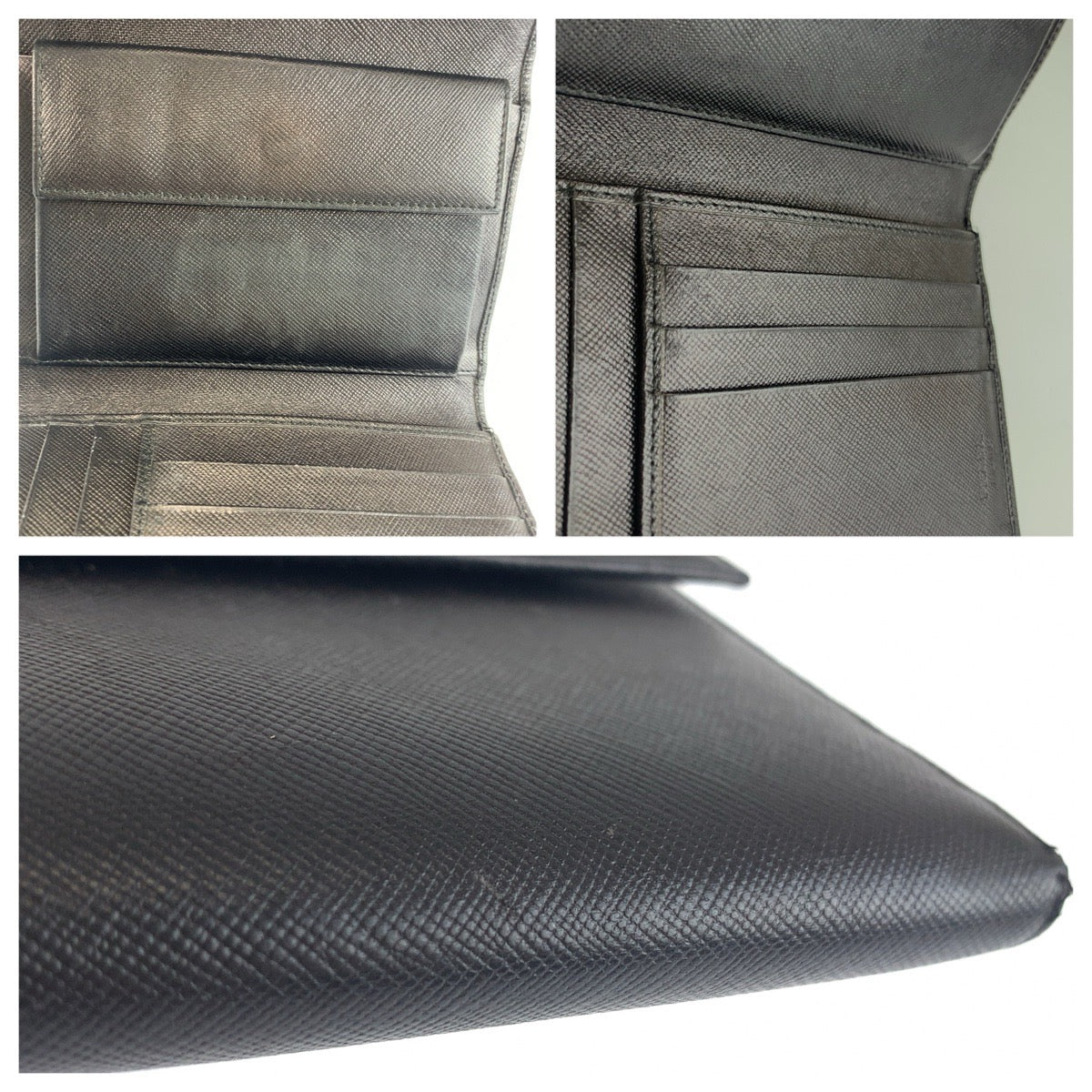 25516
PRADA プラダ 三角ロゴプレート サフィアーノ ブラック 黒 シルバー金具 レザー 折り財布 コンパクトウォレット レディース ABP16