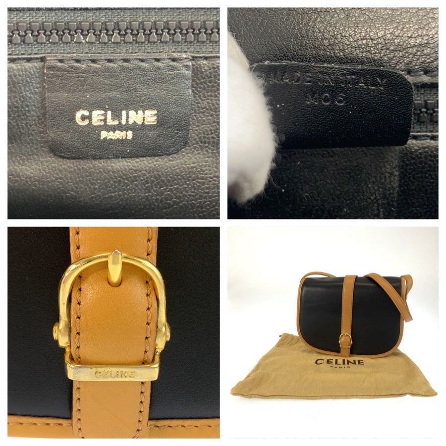 25520
CELINE セリーヌ ヴィンテージ ブラック 黒 ブラウン ゴールド金具 レザー M06 ショルダーバッグ ポシェット レディース ABP28