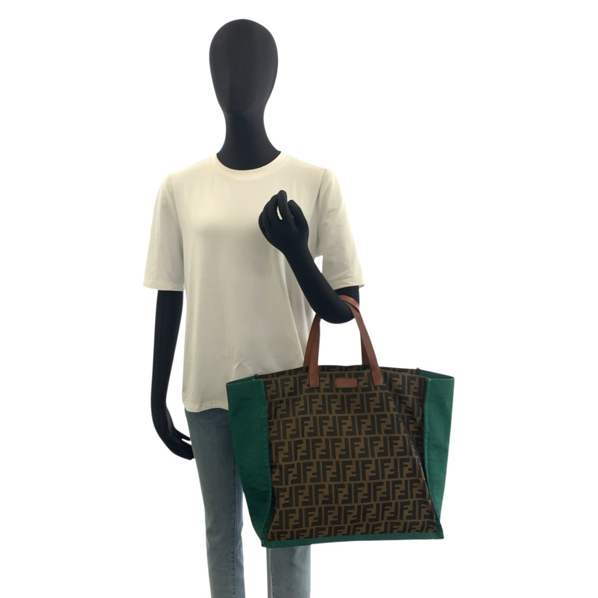 25535
FENDI フェンディ ズッカ ブラウン グリーン キャンバス / レザー 8BH235 トートバッグ ハンドバッグ レディース AB35