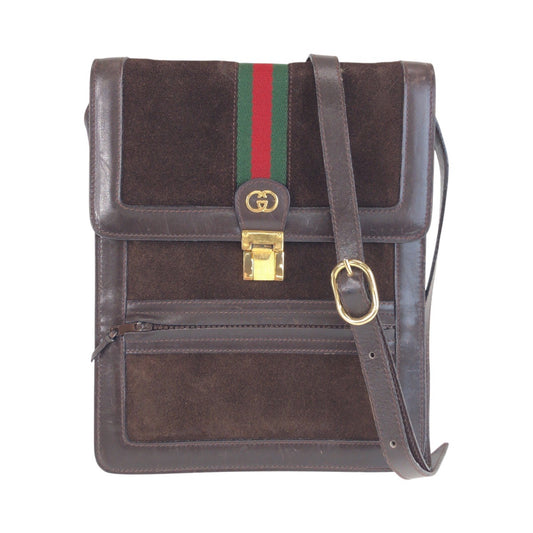 25547
GUCCI グッチ ヴィンテージ シェリーライン ブラウン ゴールド金具 スウェード / レザー ショルダーバッグ レディース ABP35
