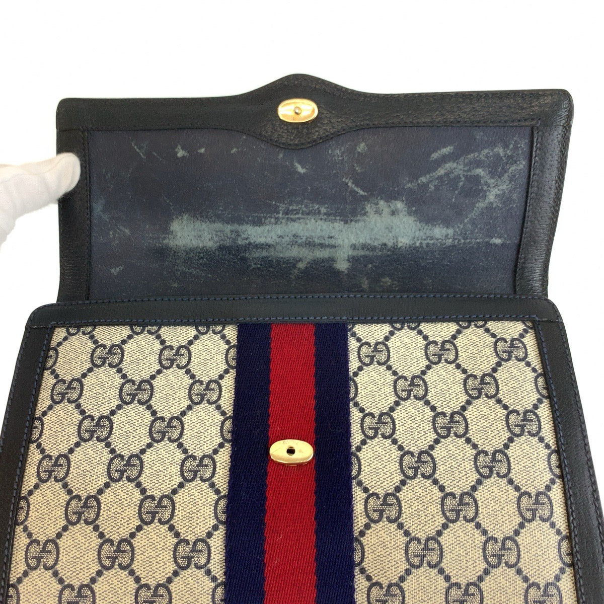 25631
GUCCI グッチ ヴィンテージ シェリーライン グレー ネイビー GGスプリームキャンバス / レザー 41 014 3087 25 クラッチバッグ セカンドバッグ 男女兼用 レディース AB24