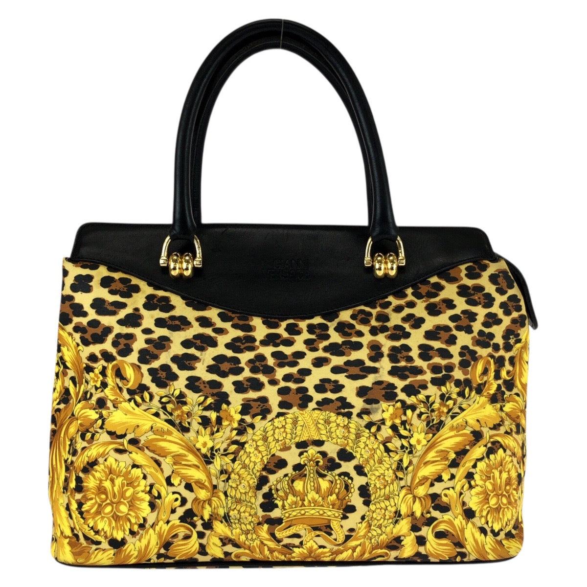 25635
VERSACE ヴェルサーチ ヴィンテージ バロック イエロー ブラック ゴールド金具 PVC / レザー ハンドバッグ ミニボストンバッグ レディース AB23