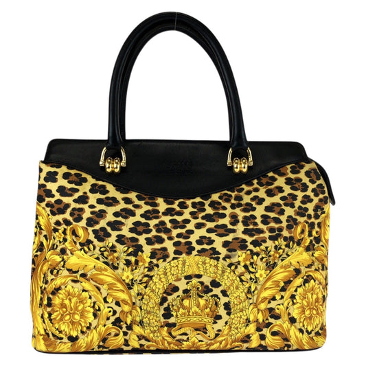 25635
VERSACE ヴェルサーチ ヴィンテージ バロック イエロー ブラック ゴールド金具 PVC / レザー ハンドバッグ ミニボストンバッグ レディース AB23