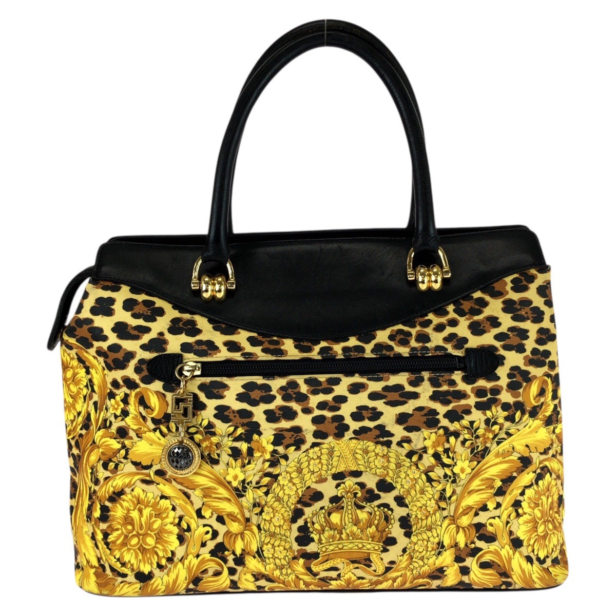 25635
VERSACE ヴェルサーチ ヴィンテージ バロック イエロー ブラック ゴールド金具 PVC / レザー ハンドバッグ ミニボストンバッグ レディース AB23