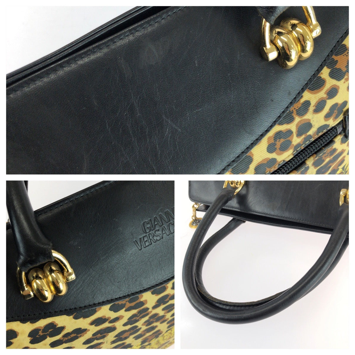 25635
VERSACE ヴェルサーチ ヴィンテージ バロック イエロー ブラック ゴールド金具 PVC / レザー ハンドバッグ ミニボストンバッグ レディース AB23