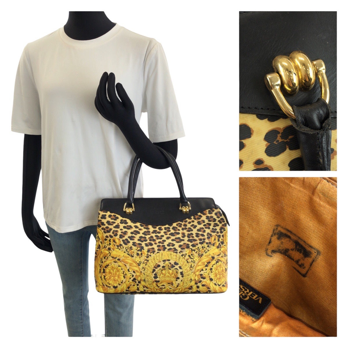 25635
VERSACE ヴェルサーチ ヴィンテージ バロック イエロー ブラック ゴールド金具 PVC / レザー ハンドバッグ ミニボストンバッグ レディース AB23