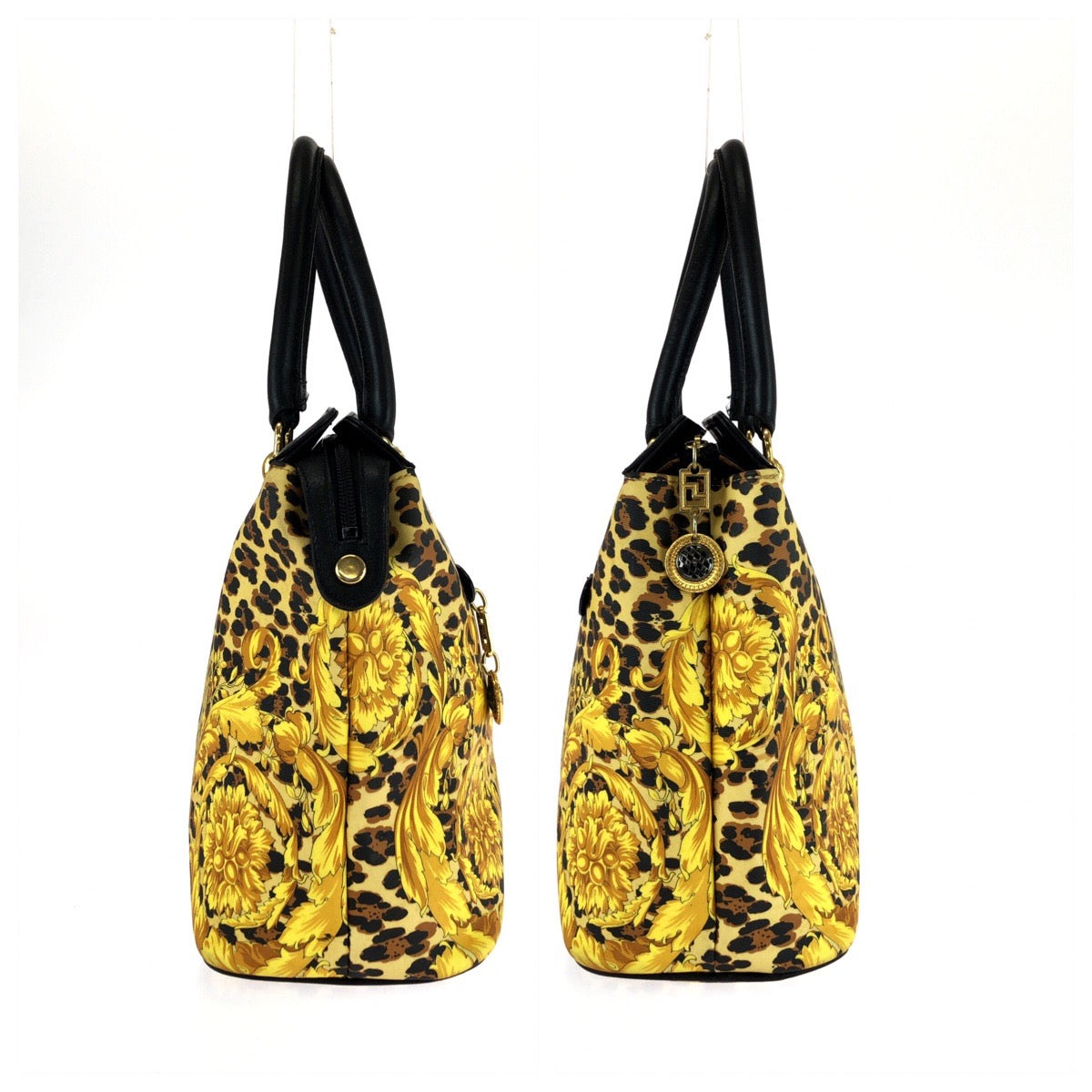 25635
VERSACE ヴェルサーチ ヴィンテージ バロック イエロー ブラック ゴールド金具 PVC / レザー ハンドバッグ ミニボストンバッグ レディース AB23