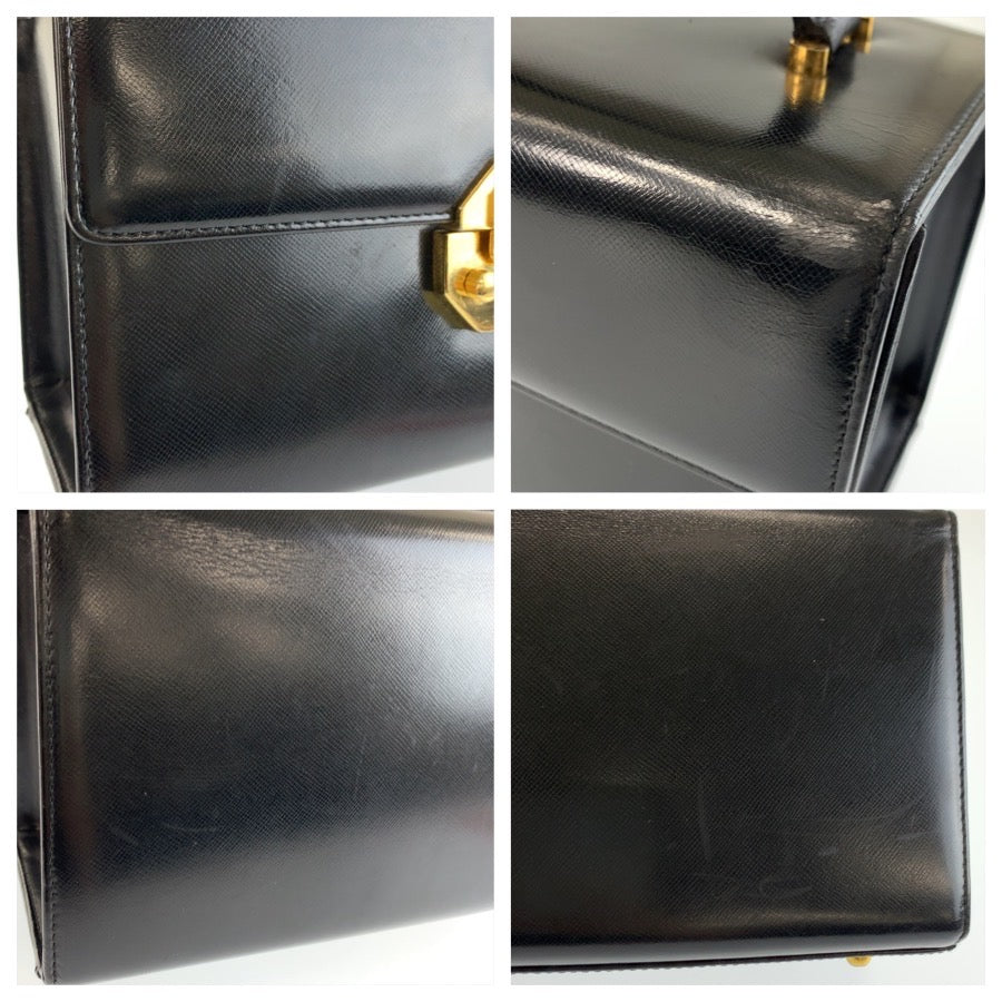 25650
VERSACE ヴェルサーチ サンバースト ブラック 黒 ゴールド金具 パテントレザー ハンドバッグ バニティバッグ レディース ABP35