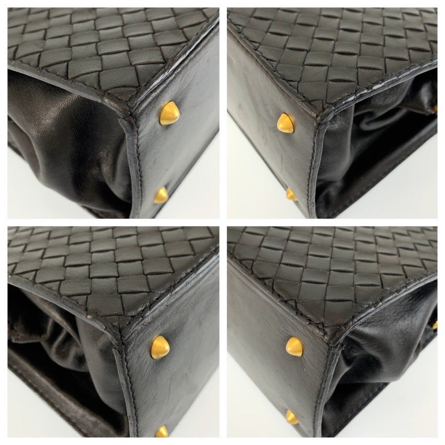 25655
BOTTEGAVENETA ボッテガヴェネタ ヴィンテージ イントレチャート ブラック 黒 ゴールド金具 レザー ハンドバッグ レディース ABP56