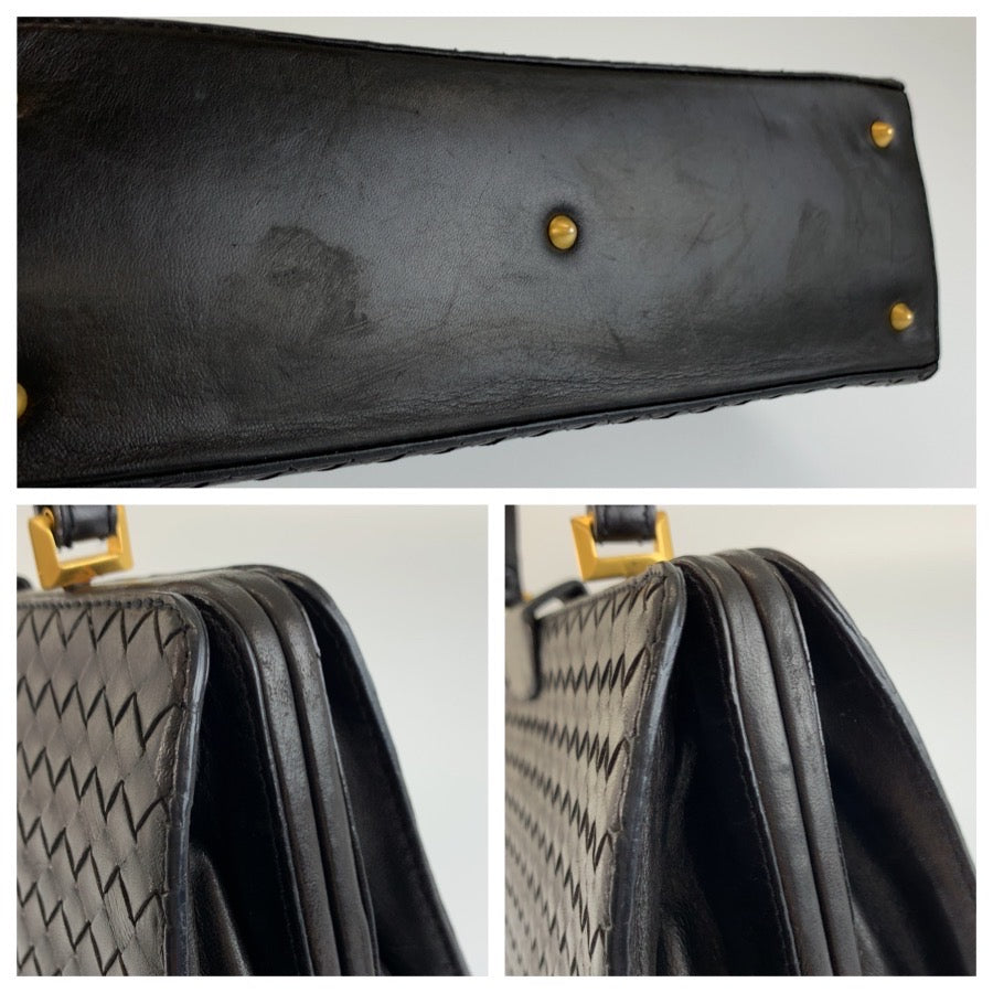 25655
BOTTEGAVENETA ボッテガヴェネタ ヴィンテージ イントレチャート ブラック 黒 ゴールド金具 レザー ハンドバッグ レディース ABP56