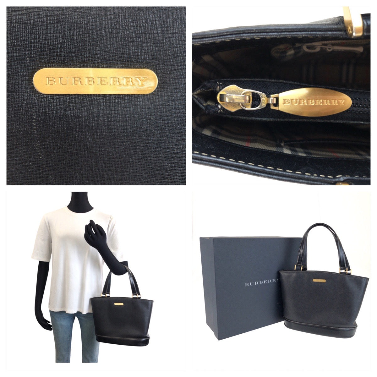 25679
BURBERRY バーバリー チェック柄 ブラック 黒 ゴールド金具 レザー トートバッグ ハンドバッグ レディース ABP28
