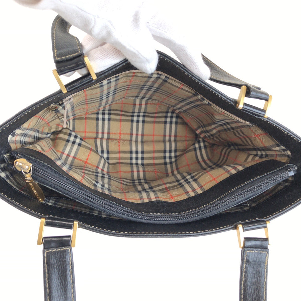 25679
BURBERRY バーバリー チェック柄 ブラック 黒 ゴールド金具 レザー トートバッグ ハンドバッグ レディース ABP28